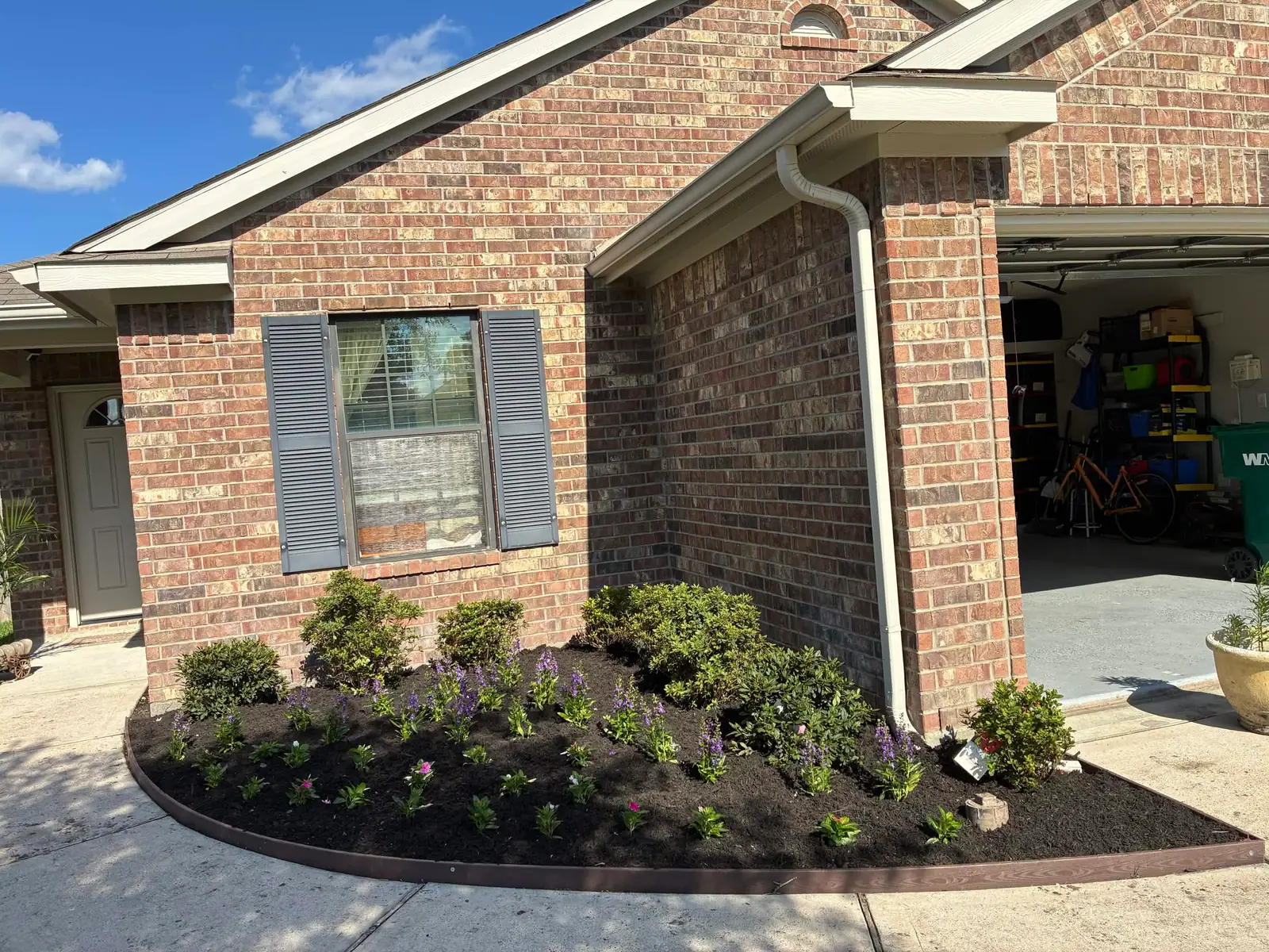 Freshly installed flower bed with dark mulch, shrubs, and blooming angelonia by AV Landscaping in the Houston area